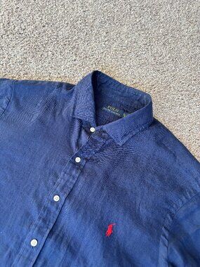 Polo Ralph Lauren Mens XL 100% Linen Button Down Shirt Navy Blue Long Sleeve